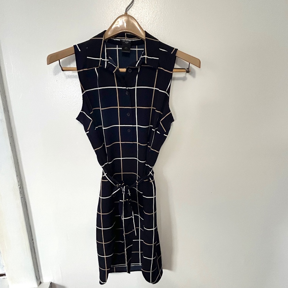 Ann Taylor Blue Tan Plaid Sleeveless Career Collar Shirt Dress Tie Belt Front